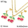 Golden cherry jewelry set with red enamel necklace and 14mm earrings for summer style - Red Green Enamel Cherry Set (KS225996-Z)
