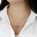 Dragonfly pendant necklace with two-tone finish worn by a model on a white shirt - Small Dragonfly (762)