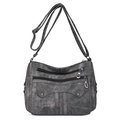 Retro washed grey PU leather crossbody bag with multi-zipper pockets and rivet details - Black
