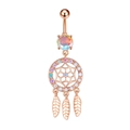 Macro detail of rose gold dreamcatcher belly ring with zircon stones and leaf pendants - 2752 Rose Gold Dreamcatcher