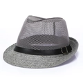 Grey mesh fedora hat with breathable hollow top and black faux leather buckle strap - One Size / Gray