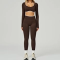 Ensemble de yoga marron foncé sans couture avec haut court à manches longues et legging - S / Long Sleeve+Leggings - Contrast Coffee/White