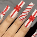 Extra long square Christmas fake nails with red white stripes and 3D bowknot decor - Christmas Red and White Bow Style (SGCY-639) / Glue Type