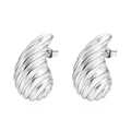 Sleek silver teardrop hollow earrings with elegant shell texture in polished steel - Water Drop Textured Style (MS-480) / Silver