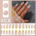 French tip false nails with yellow edge, white daisy art, and small pearls 24pcs - Fresh French Yellow Edge Daisy Pearl Style (D-129) / 24 Pcs/Set