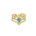 Adjustable gold plated open ring with hollow layers and a green turquoise stone - Rhombus Turquoise Triple Hollow