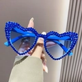 Chic blue heart-shaped sunglasses with crystal beads and metal hinges for women - Royal Blue with Rhinestones
