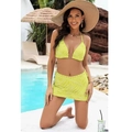 Bikini a tre pezzi verde neon con stampa a onde, top allacciato al collo e gonna da bagno - S / Giallo Neon