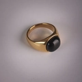 Vintage gold men's titanium steel ring featuring a polished oval black gemstone inlay - US-8 / Gold-Marble Texture