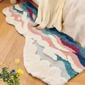 Irregular 3D wave patterned plush bath mat in pink and blue colors on wooden floor - Cyan Waves