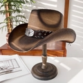 Cappello da cowboy intrecciato marrone con fibbia a testa di toro in metallo e borchie - M (56-58cm) / Caffè Testa di Toro in Rilievo