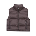 Detailed close-up of a dark coffee quilted vest featuring a stand collar and zip pockets - XS / Brown