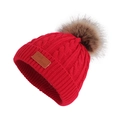 Red cable knit baby beanie with large faux fur pom-pom and leather patch detail - Hat / Red