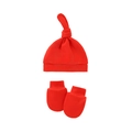 Newborn baby knot hat and mittens set in vibrant red soft knit cotton fabric - Red Hat and Mittens