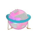 Petit sac rond planète holographique rose avec anneau pailleté bleu et chaîne dorée - Rose