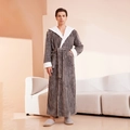 Men's long striped flannel bathrobe with dark gray hooded design and white plush lining - M / Gray (Men)