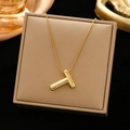 Minimalist gold titanium steel snake chain necklace with letter T pendant in display box - Gold-T