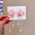 Pink hanfu hair clip with resin flowers and white pearl tassel for kids, pair set - 448-18 Peerless Elegance Pair Clips