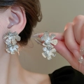 Silver flower stud earrings with vintage metallic texture for a French minimalist style - Double Layer Pleated Petals (50#)