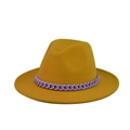 Detail of yellow wool felt fedora featuring a bold purple chain link band decoration - Yellow(17)