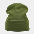 Detailed knit texture of an olive green cuffed beanie hat in fine ribbed patterns - Army Green