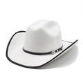Classic white felt cowboy hat with black trim and vintage buckle on plain white background - M (56-58cm) / White with Black Binding