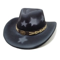 Detail of dark grey wool felt cowboy hat with star patterns and ox head metal buckle - M (56-58cm) / Black