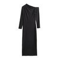 Elegantes schwarzes One-Shoulder-Langarm-Kleid mit drapierten Details in schmaler Passform - S / Kaffeebraun
