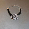 Gothic camellia flower bracelet with black enamel and rhinestones on adjustable silver chain - Black Crystal Bracelet