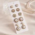 Juego de 10 pendientes dorados con perlas geométricas y cristales brillantes - Dorado (Juego de 10 Piezas) con Pin de Plata