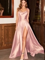 Elegante abito da sera in raso rosa con scollo a cappuccio e spacco alto - L / Rosa