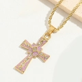 Gold cross necklace featuring pink purple enamel and white sparkling zircons inlay - Purple Enamel