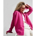 Relaxed fit rose red long sleeve cotton crepe shirt for women in a side sitting pose - S / Rose Red