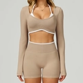 Ensemble de yoga sans couture beige avec bords contrastés blancs et short taille haute - S / Long Sleeve+Shorts - Contrast Brown/White