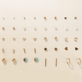 Set of 20 pairs of gold-tone stud earrings featuring pearls, stars, and geometric shapes - 20 Pairs Set Rhinestone Hoops Heart