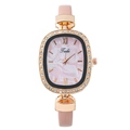 Women's oval rose gold quartz watch with pink marble dial and pink leather strap - Pink