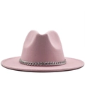 Detailed close-up of pink wide brim felt fedora hat with silver chain band decor - One Size 58cm / Silver Chain / Pink