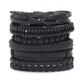 Set bracciale in pelle intrecciata nera retrò da uomo con braccialetti a strati di perline - Set da 6 pezzi