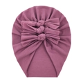 Detail of purple cotton baby hat featuring three decorative bows and soft knit texture - Dusty Pink
