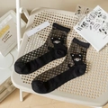 Sheer black mesh socks featuring cute cartoon cat patterns and ribbed elastic cuffs - All Black