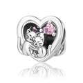 Detail of silver heart charm with two cats and a pink gemstone inlay, S925 engraved - CCT541-Hugging Cats Heart