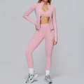Pink marled yoga set with zip jacket, sports bra, and high-waist leggings - S / Top And Bottom / Sakura Pink