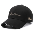 Black twill baseball cap with cursive gold embroidery and 3A logo on a white background - Adjustable / Normal Brim (7.5cm) Gold Embroidery / Black