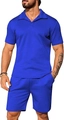 Men's blue casual two-piece knit set with textured diamond patterns and polo collar - S / Top And Bottom / Sapphire Blue
