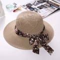Foldable straw sun hat with floral ribbon bow, beach vacation style for women - Ribbon Style Khaki