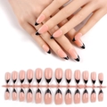 Detail view of 24 pieces almond nude pink press-on nails with black French tips - French Black Tip Long Almond Glossy (HTMC-MP02)