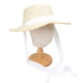 Detail of summer straw sun hat featuring wide brim and long white decorative lace ribbons - M (56-58cm) / Light Color Straw With White Satin Ribbon (D#)