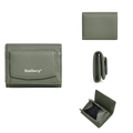 Olive green tri-fold mini leather wallet with multiple card slots and coin pocket - Green