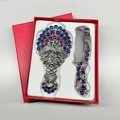 Silver vintage peacock mirror and comb set with colorful gems in a red gift box - Opening Peacock (No. 1) / Antique Pewter