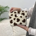 Cute plush cow print cosmetic bag with heart pattern and colorful fabric label - Heart White